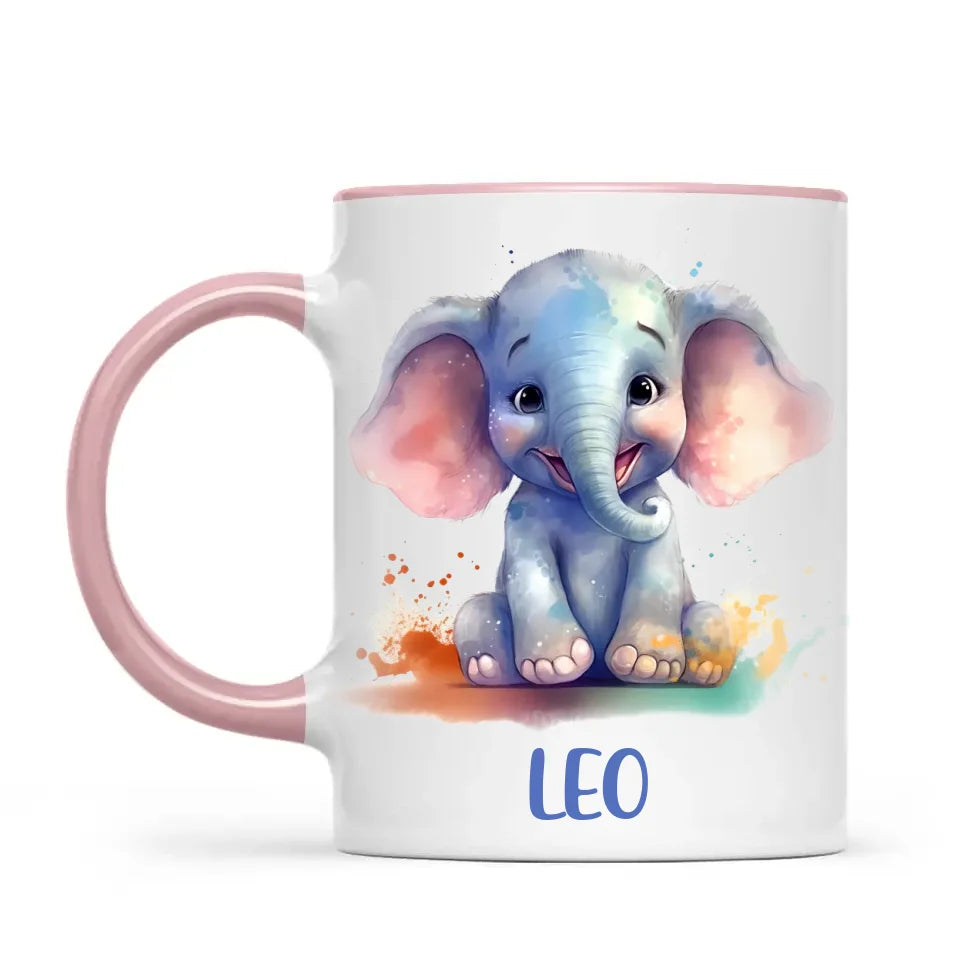 Personalised with Name, Cute Elephant Kids Mug – Customised Animal-Themed Cup for Children – Available in 11oz, 6oz & Enamel Options