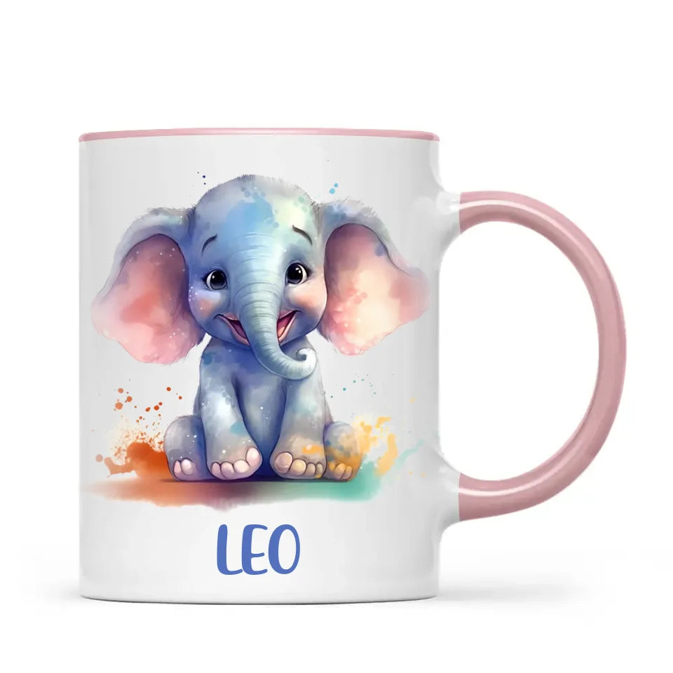 Personalised with Name, Cute Elephant Kids Mug – Customised Animal-Themed Cup for Children – Available in 11oz, 6oz & Enamel Options