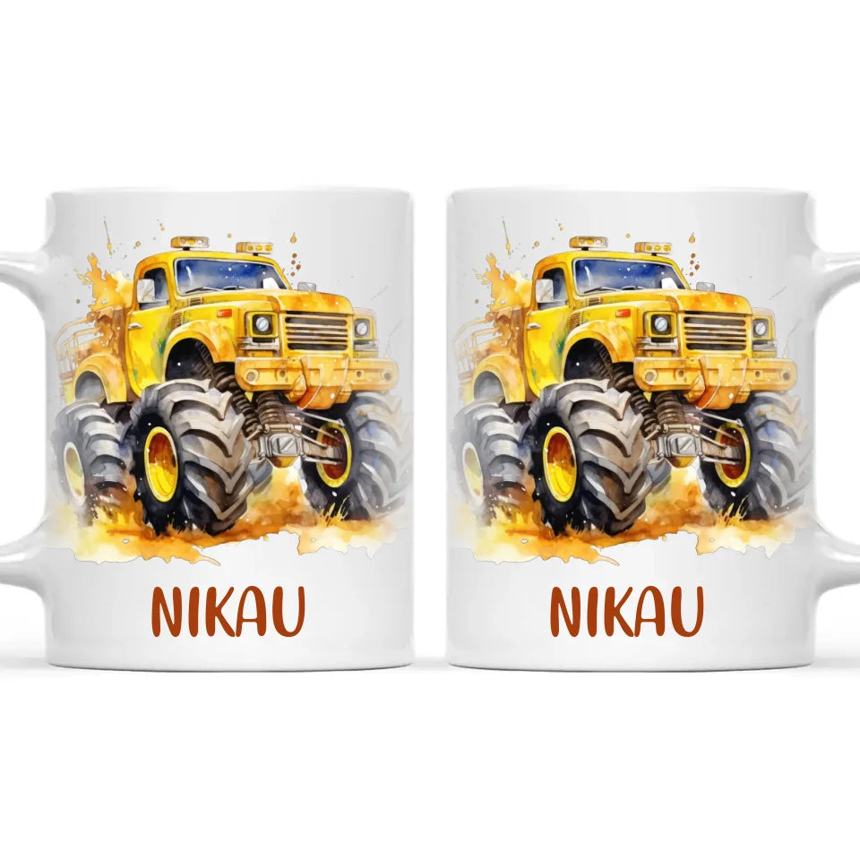 Personalised Yellow Monster Truck Cup - Custom Name Kids Mug - Big Wheel Adventure Design - 11oz, 6oz or Enamel - NZ Made