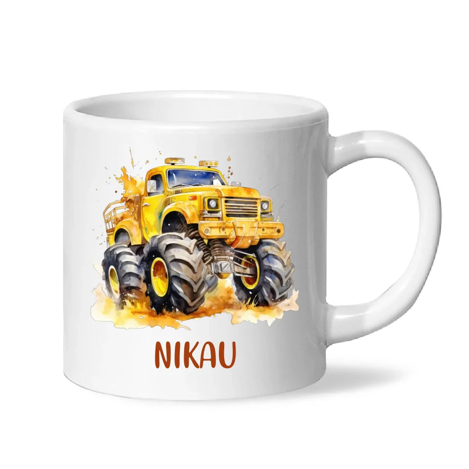 Personalised Yellow Monster Truck Cup - Custom Name Kids Mug - Big Wheel Adventure Design - 11oz, 6oz or Enamel - NZ Made