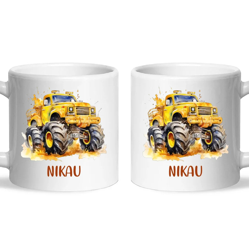 Personalised Yellow Monster Truck Cup - Custom Name Kids Mug - Big Wheel Adventure Design - 11oz, 6oz or Enamel - NZ Made
