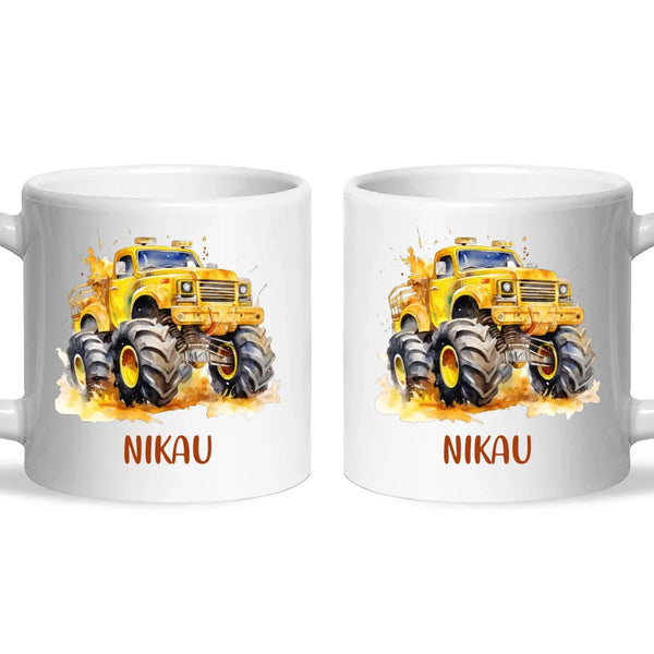 Personalised Yellow Monster Truck Cup - Custom Name Kids Mug - Big Wheel Adventure Design - 11oz, 6oz or Enamel - NZ Made