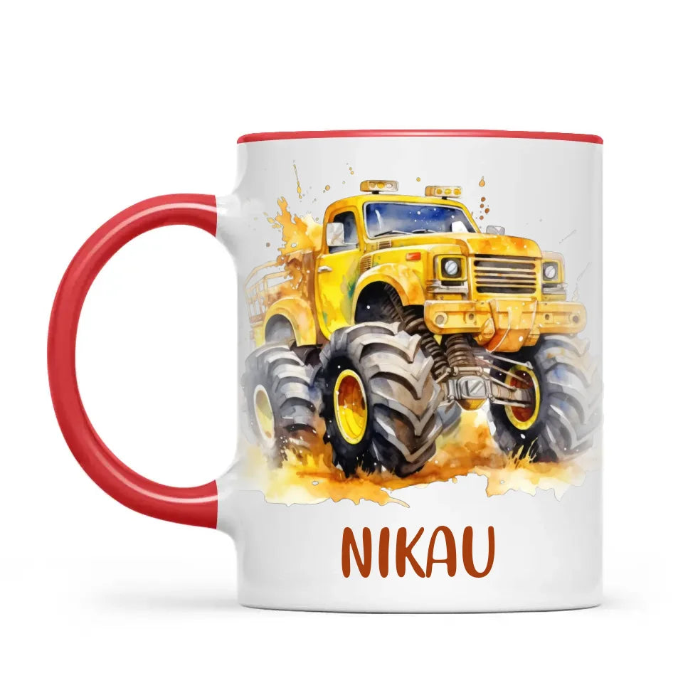 Personalised Yellow Monster Truck Cup - Custom Name Kids Mug - Big Wheel Adventure Design - 11oz, 6oz or Enamel - NZ Made