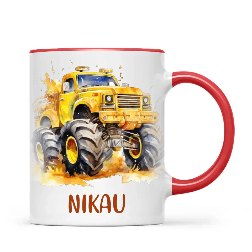 Personalised Yellow Monster Truck Cup - Custom Name Kids Mug - Big Wheel Adventure Design - 11oz, 6oz or Enamel - NZ Made