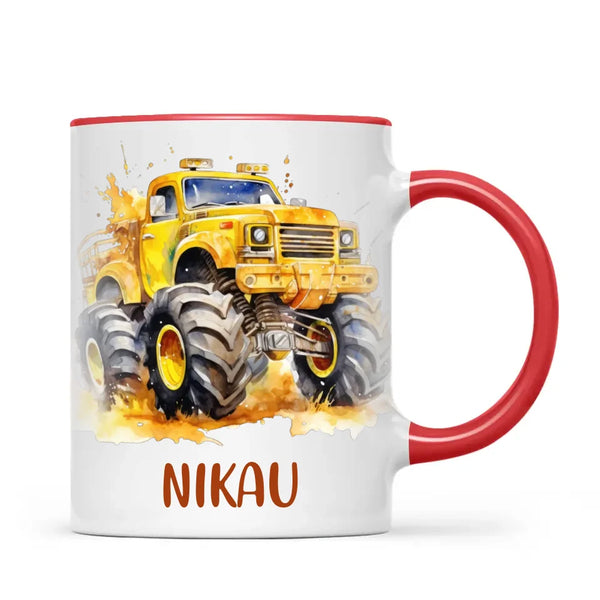 Personalised Yellow Monster Truck Cup - Custom Name Kids Mug - Big Wheel Adventure Design - 11oz, 6oz or Enamel - NZ Made