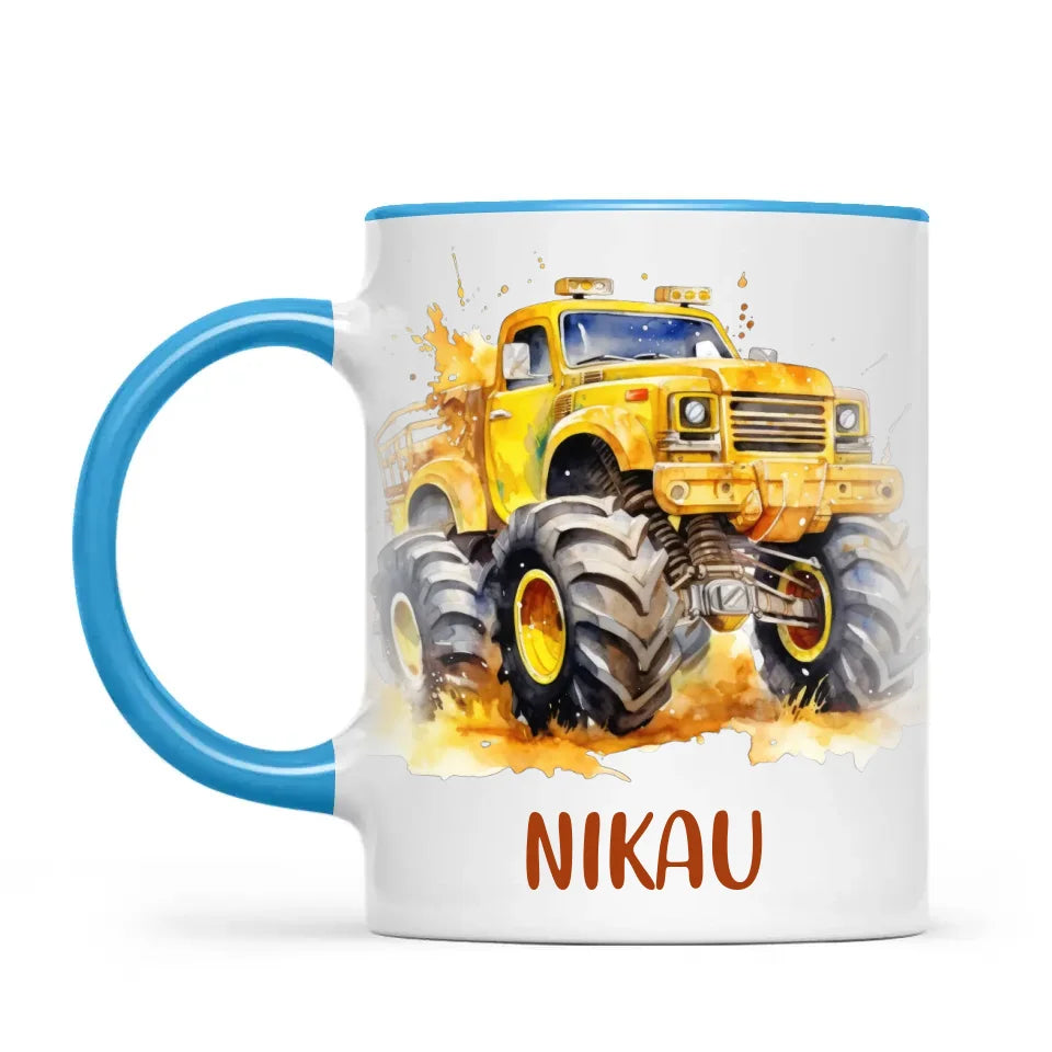 Personalised Yellow Monster Truck Cup - Custom Name Kids Mug - Big Wheel Adventure Design - 11oz, 6oz or Enamel - NZ Made