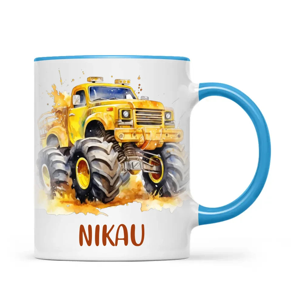 Personalised Yellow Monster Truck Cup - Custom Name Kids Mug - Big Wheel Adventure Design - 11oz, 6oz or Enamel - NZ Made