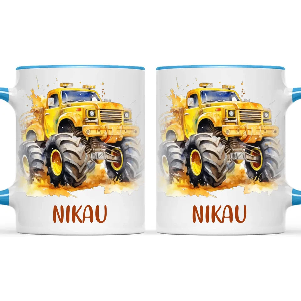 Personalised Yellow Monster Truck Cup - Custom Name Kids Mug - Big Wheel Adventure Design - 11oz, 6oz or Enamel - NZ Made
