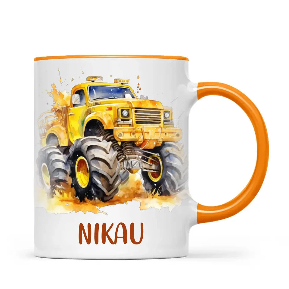 Personalised Yellow Monster Truck Cup - Custom Name Kids Mug - Big Wheel Adventure Design - 11oz, 6oz or Enamel - NZ Made