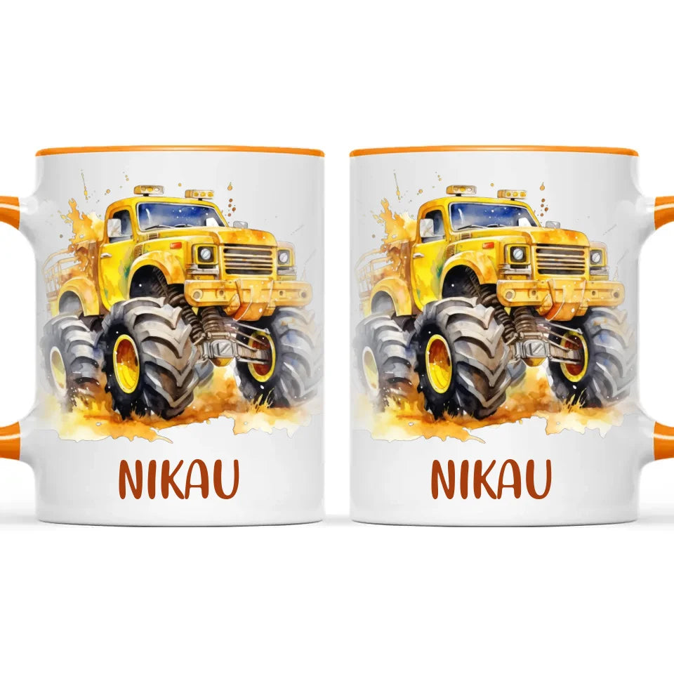 Personalised Yellow Monster Truck Cup - Custom Name Kids Mug - Big Wheel Adventure Design - 11oz, 6oz or Enamel - NZ Made
