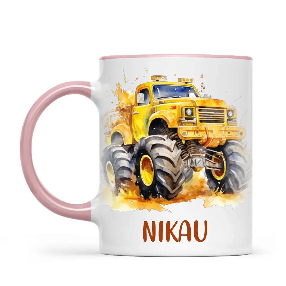 Personalised Yellow Monster Truck Cup - Custom Name Kids Mug - Big Wheel Adventure Design - 11oz, 6oz or Enamel - NZ Made