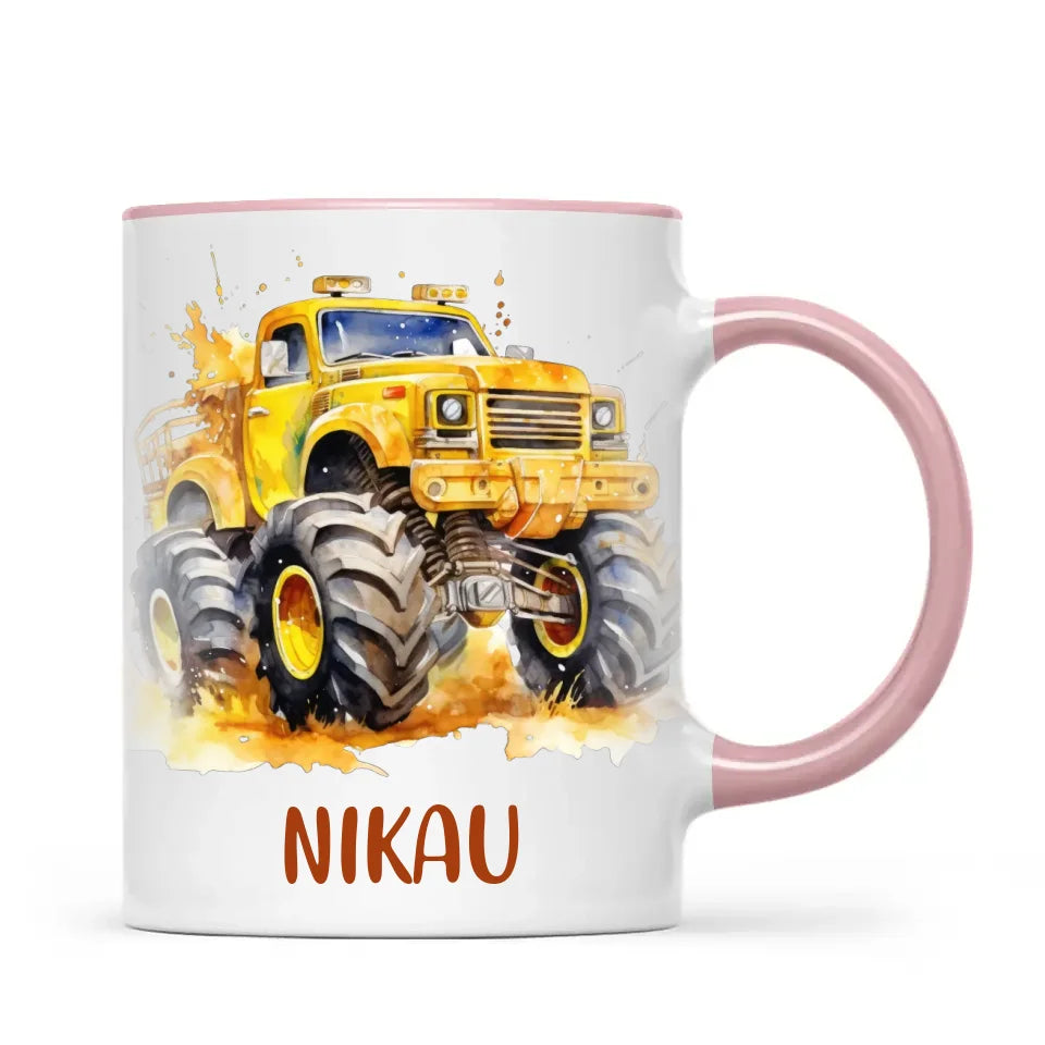Personalised Yellow Monster Truck Cup - Custom Name Kids Mug - Big Wheel Adventure Design - 11oz, 6oz or Enamel - NZ Made