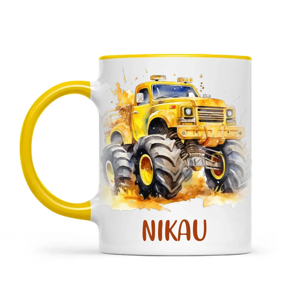 Personalised Yellow Monster Truck Cup - Custom Name Kids Mug - Big Wheel Adventure Design - 11oz, 6oz or Enamel - NZ Made