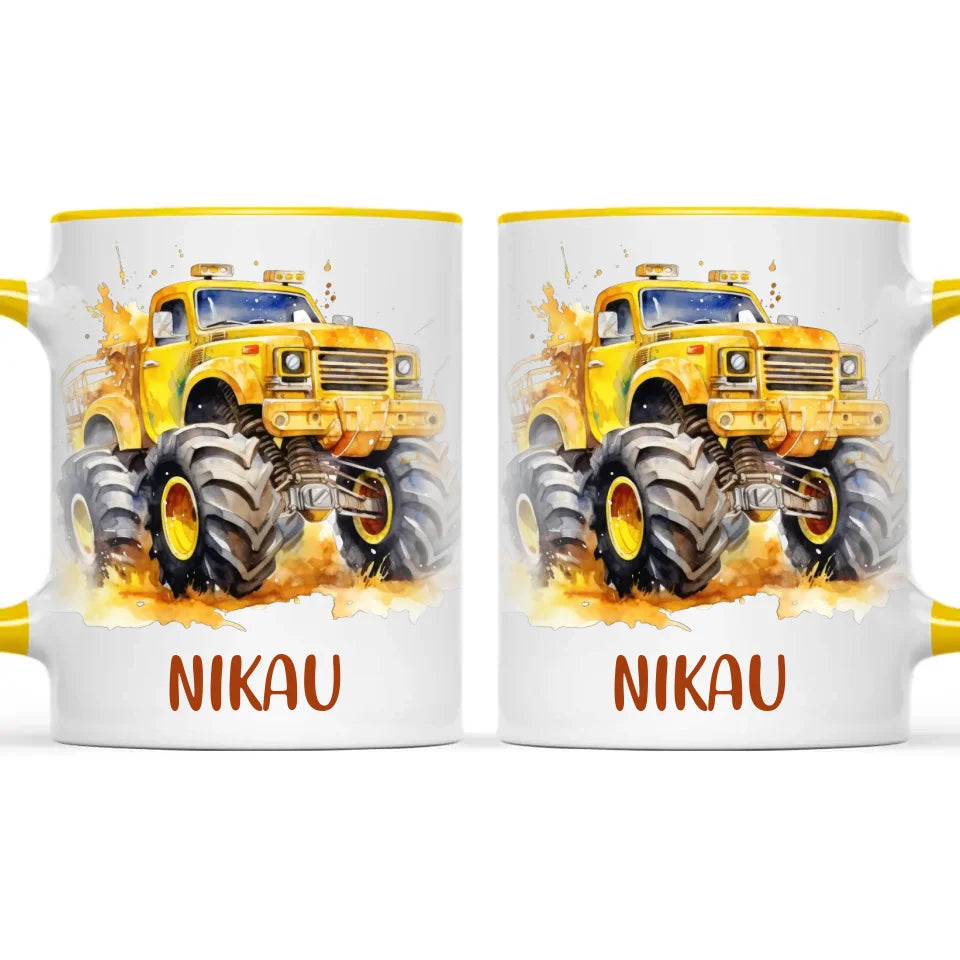Personalised Yellow Monster Truck Cup - Custom Name Kids Mug - Big Wheel Adventure Design - 11oz, 6oz or Enamel - NZ Made