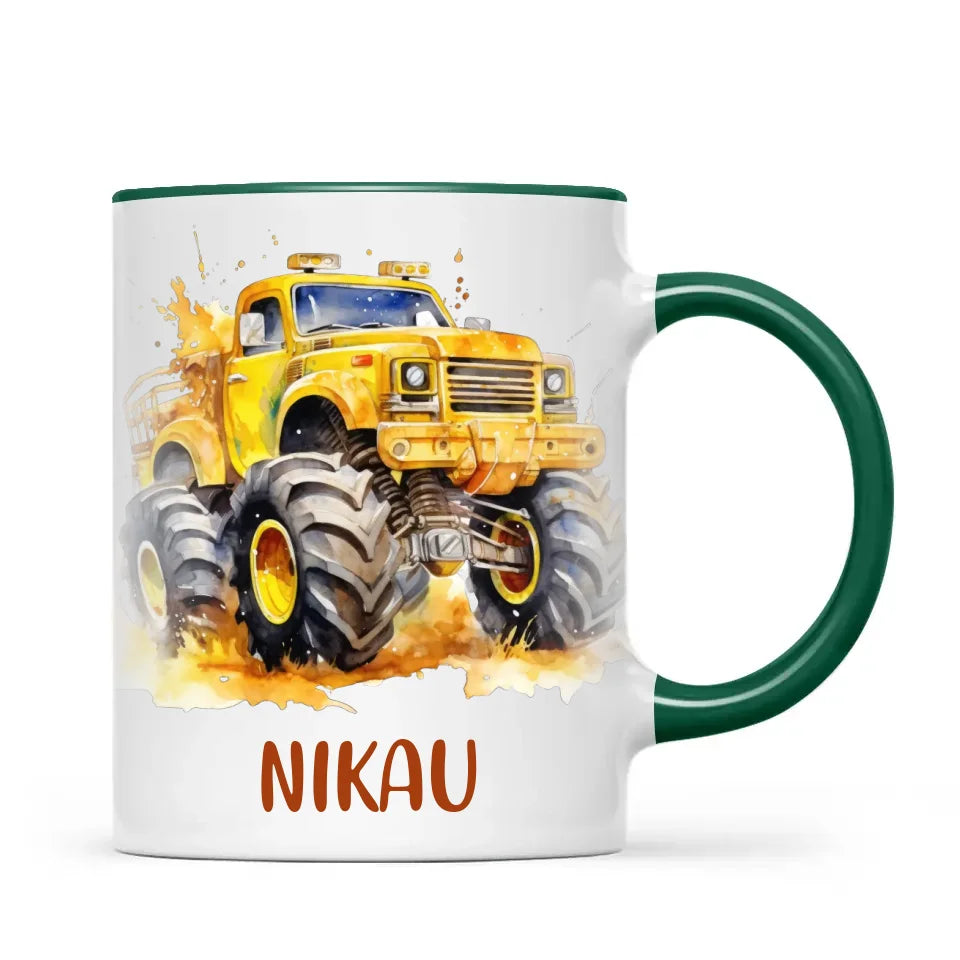 Personalised Yellow Monster Truck Cup - Custom Name Kids Mug - Big Wheel Adventure Design - 11oz, 6oz or Enamel - NZ Made