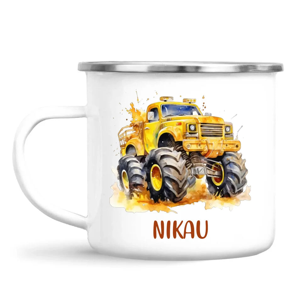 Personalised Yellow Monster Truck Cup - Custom Name Kids Mug - Big Wheel Adventure Design - 11oz, 6oz or Enamel - NZ Made