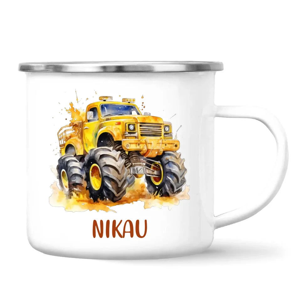 Personalised Yellow Monster Truck Cup - Custom Name Kids Mug - Big Wheel Adventure Design - 11oz, 6oz or Enamel - NZ Made