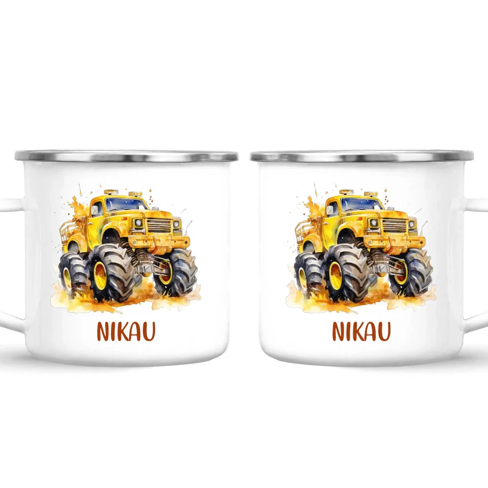 Personalised Yellow Monster Truck Cup - Custom Name Kids Mug - Big Wheel Adventure Design - 11oz, 6oz or Enamel - NZ Made