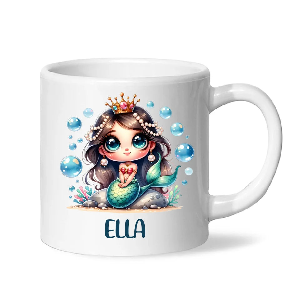 Personalised with Name, Dark-Haired Mermaid Princess Kids Mug – Custom Under-the-Sea Cup for Children – Available in 11oz, 6oz & Enamel
