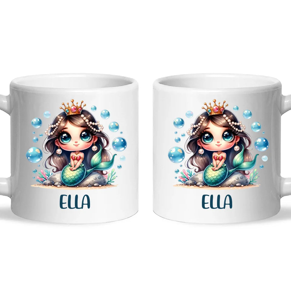 Personalised with Name, Dark-Haired Mermaid Princess Kids Mug – Custom Under-the-Sea Cup for Children – Available in 11oz, 6oz & Enamel