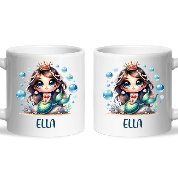 Personalised with Name, Dark-Haired Mermaid Princess Kids Mug – Custom Under-the-Sea Cup for Children – Available in 11oz, 6oz & Enamel