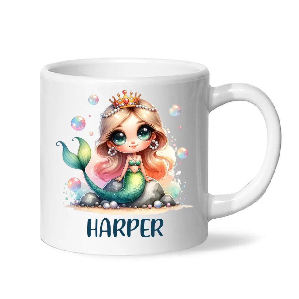 Personalised with Name, Mermaid Princess Kids Mug – Custom Ocean Fantasy Cup for Children – Available in 11oz, 6oz & Enamel