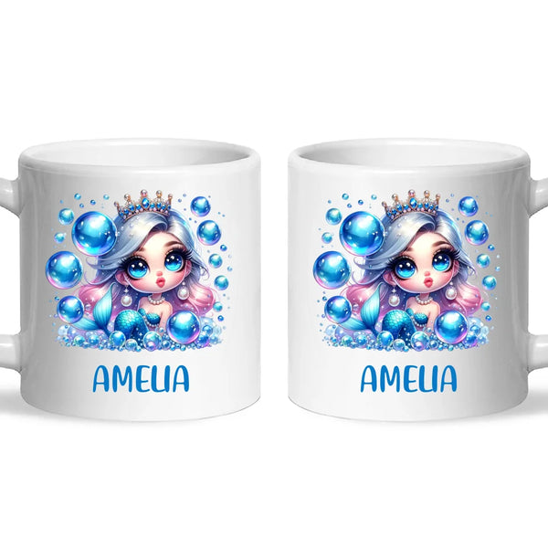 Personalised with Name, Blue Mermaid Princess Kids Mug – Custom Under the Sea Cup for Children – Available in 11oz, 6oz & Enamel