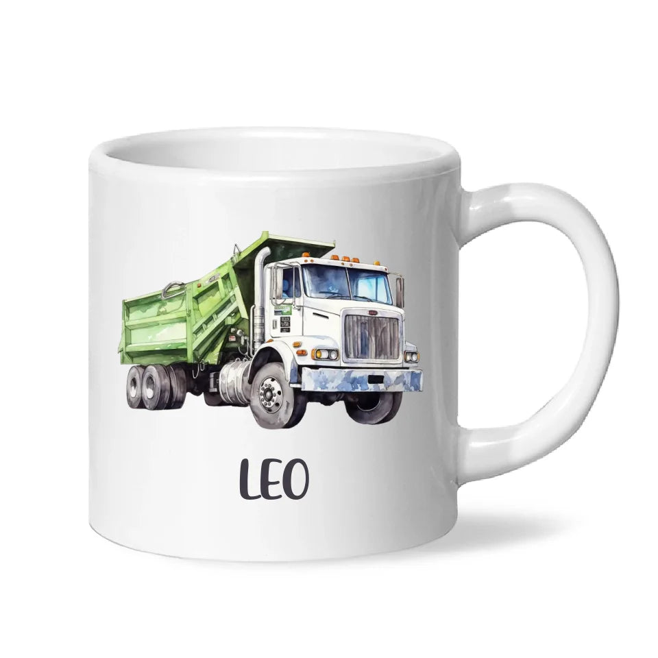 Personalised with Name, Green Dump Truck Kids Mug – Custom Construction Vehicle Cup for Children – Available in 11oz, 6oz & Enamel