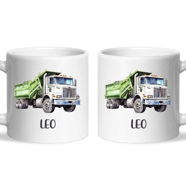 Personalised with Name, Green Dump Truck Kids Mug – Custom Construction Vehicle Cup for Children – Available in 11oz, 6oz & Enamel