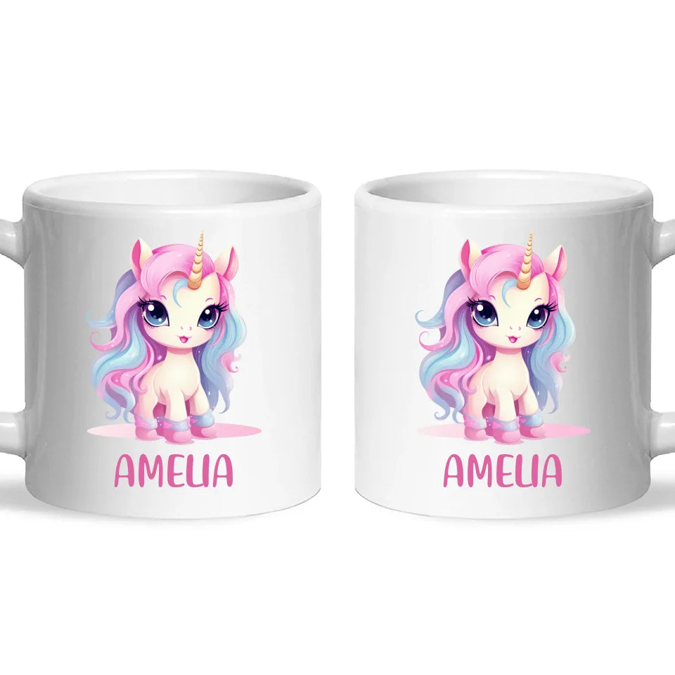 Personalised with Name, Pastel Unicorn Kids Mug – Custom Unicorn Cup for Children – Available in 11oz, 6oz & Enamel