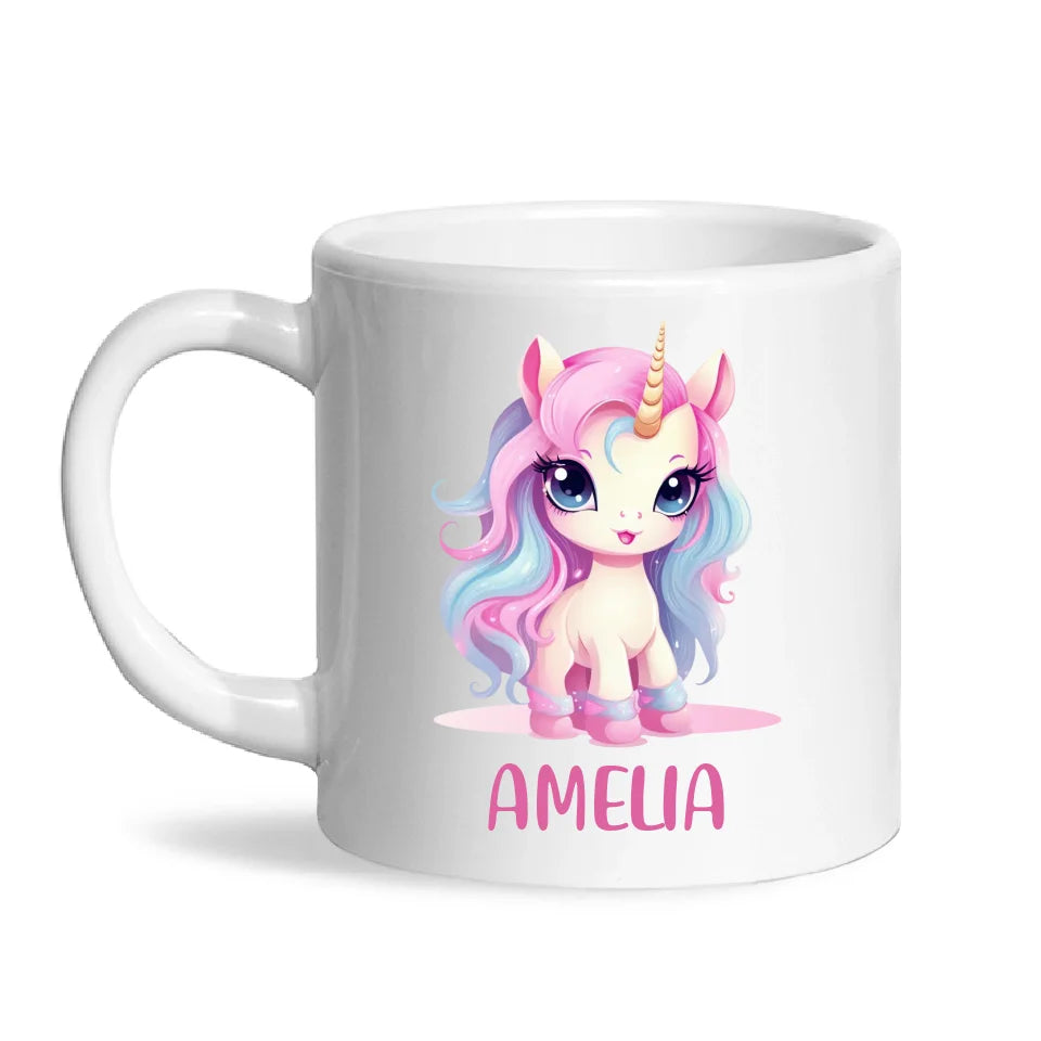 Personalised with Name, Pastel Unicorn Kids Mug – Custom Unicorn Cup for Children – Available in 11oz, 6oz & Enamel