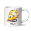 Personalised with Name, Cute Digger Kids Mug – Custom Construction Vehicle Cup for Children – Available in 11oz, 6oz & Enamel Options