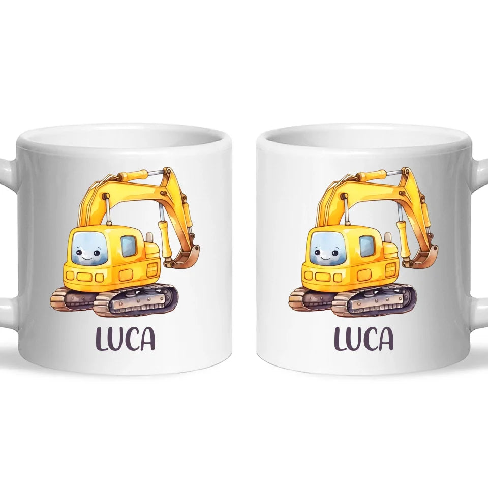 Personalised with Name, Cute Digger Kids Mug – Custom Construction Vehicle Cup for Children – Available in 11oz, 6oz & Enamel Options