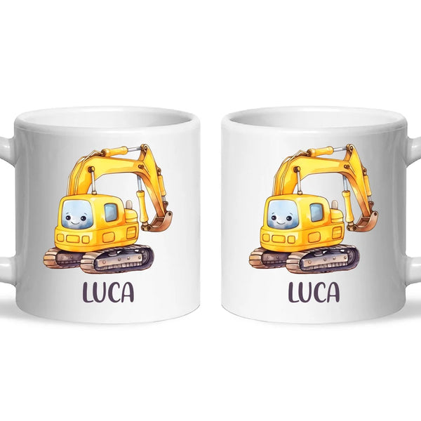 Personalised with Name, Cute Digger Kids Mug – Custom Construction Vehicle Cup for Children – Available in 11oz, 6oz & Enamel Options