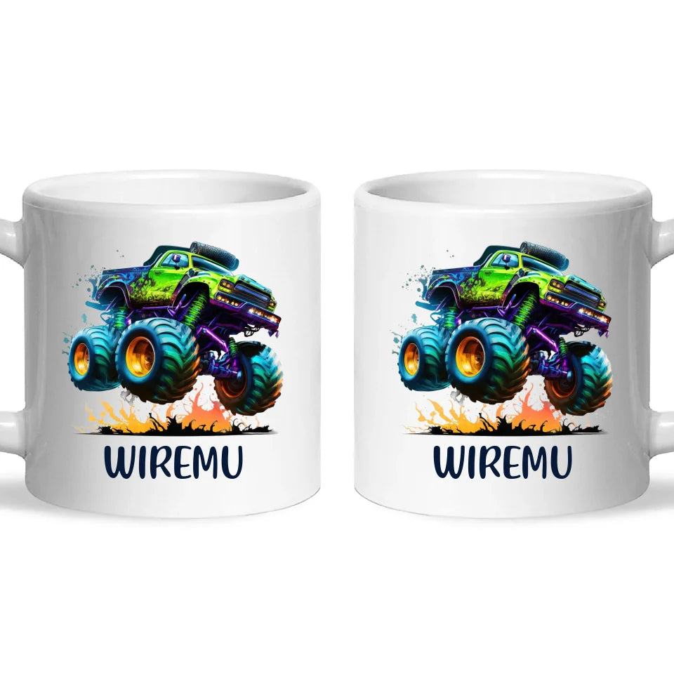 Personalised with Name, Green Monster Truck Kids Mug – Custom Off-Road 4x4 Cup for Children – Available in 11oz, 6oz & Enamel Options