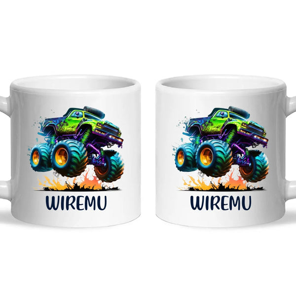 Personalised with Name, Green Monster Truck Kids Mug – Custom Off-Road 4x4 Cup for Children – Available in 11oz, 6oz & Enamel Options