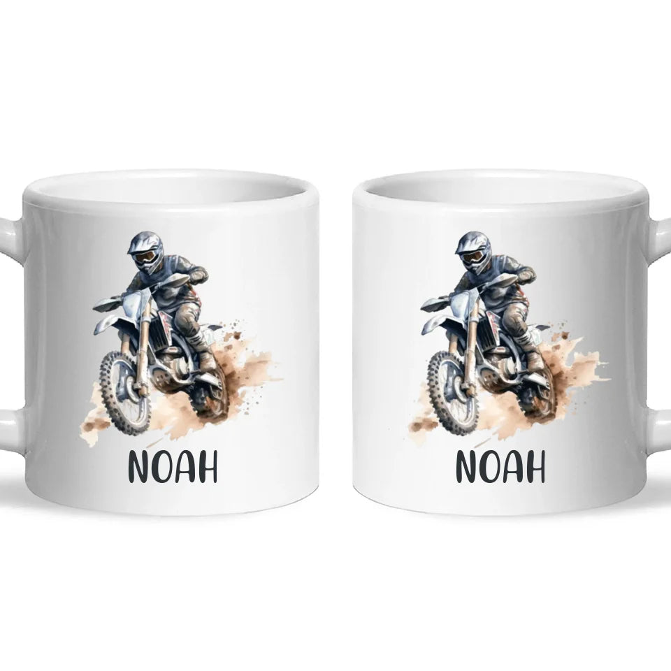 Personalised with Name, Motocross Rider Kids Mug – Customised Dirt Bike Racing Cup for Children – Available in 11oz, 6oz & Enamel Options