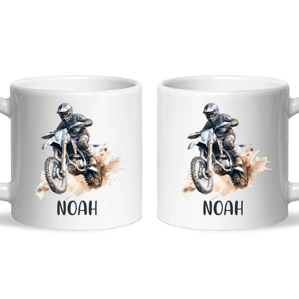 Personalised with Name, Motocross Rider Kids Mug – Customised Dirt Bike Racing Cup for Children – Available in 11oz, 6oz & Enamel Options