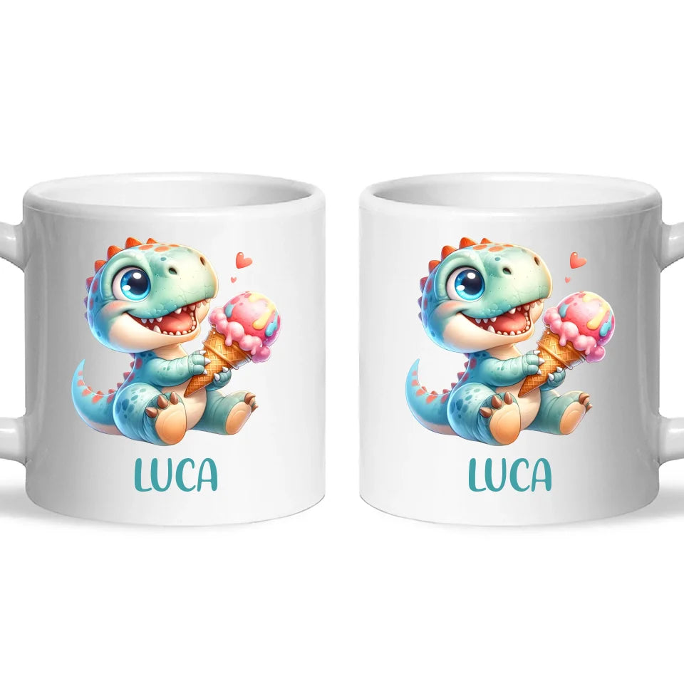 Personalised with Name, Dinosaur Ice Cream Kids Mug – Customised Cute Dino Cup for Children – Available in 11oz, 6oz & Enamel Options