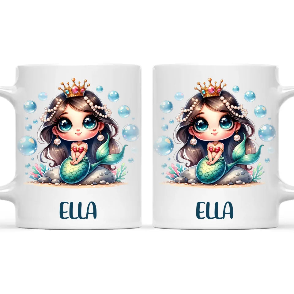 Personalised with Name, Dark-Haired Mermaid Princess Kids Mug – Custom Under-the-Sea Cup for Children – Available in 11oz, 6oz & Enamel