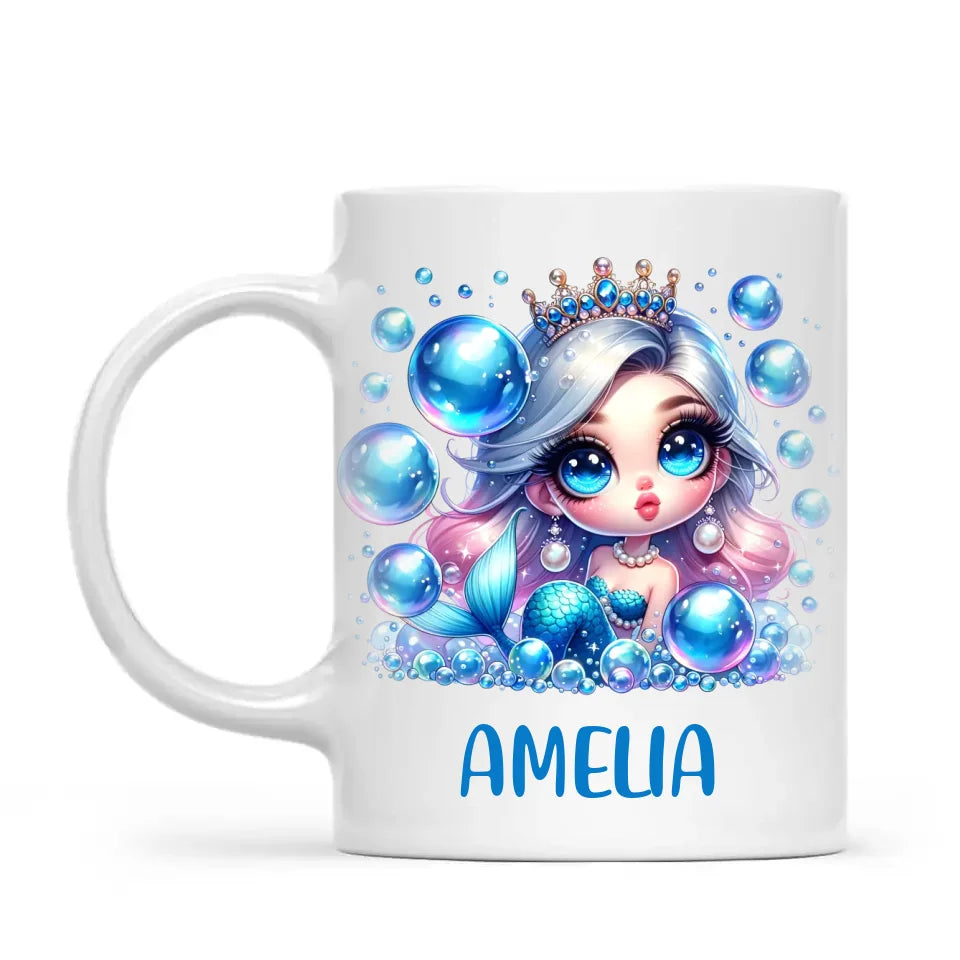 Personalised with Name, Blue Mermaid Princess Kids Mug – Custom Under the Sea Cup for Children – Available in 11oz, 6oz & Enamel