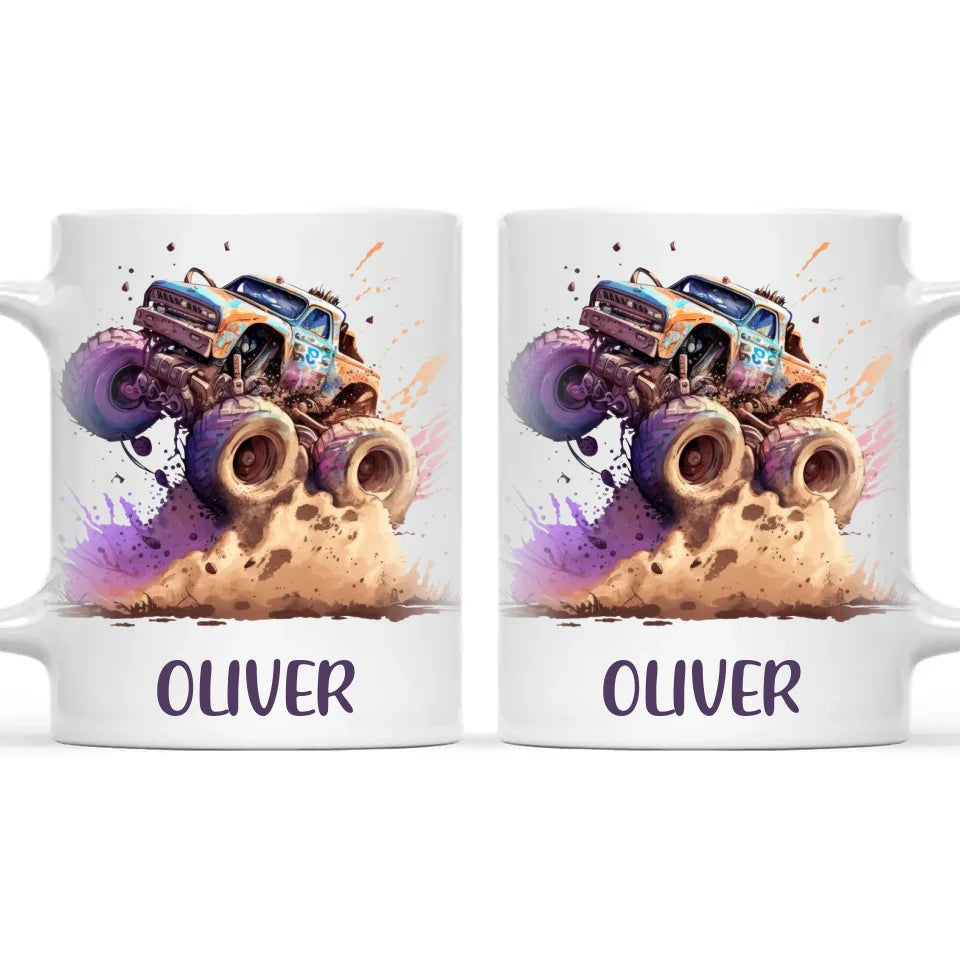 Personalised with Name, Monster Truck Adventure Kids Mug – Custom Off-Road Racing Cup for Children – Available in 11oz, 6oz & Enamel Options