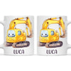 Personalised with Name, Cute Digger Kids Mug – Custom Construction Vehicle Cup for Children – Available in 11oz, 6oz & Enamel Options