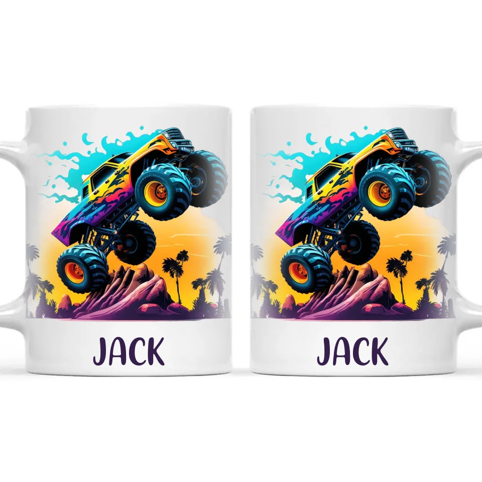 Personalised with Name, Sunset Monster Truck Kids Mug – Custom Off-Road Adventure Cup for Children – Available in 11oz, 6oz & Enamel Options