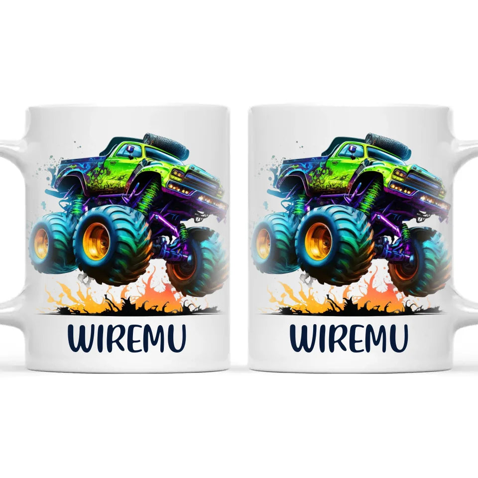 Personalised with Name, Green Monster Truck Kids Mug – Custom Off-Road 4x4 Cup for Children – Available in 11oz, 6oz & Enamel Options