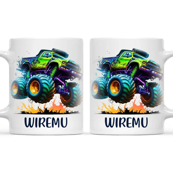 Personalised with Name, Green Monster Truck Kids Mug – Custom Off-Road 4x4 Cup for Children – Available in 11oz, 6oz & Enamel Options