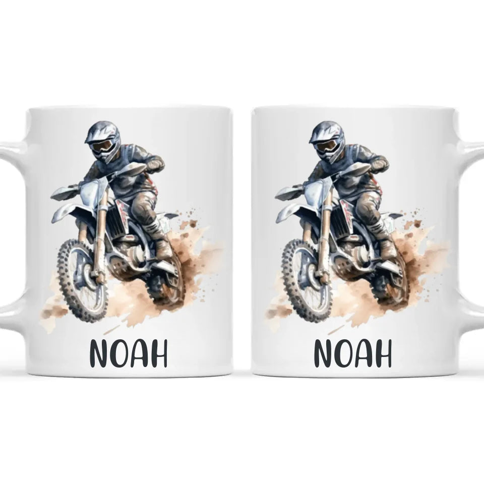 Personalised with Name, Motocross Rider Kids Mug – Customised Dirt Bike Racing Cup for Children – Available in 11oz, 6oz & Enamel Options