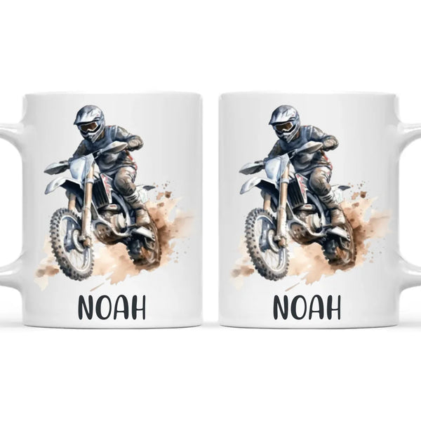 Personalised with Name, Motocross Rider Kids Mug – Customised Dirt Bike Racing Cup for Children – Available in 11oz, 6oz & Enamel Options