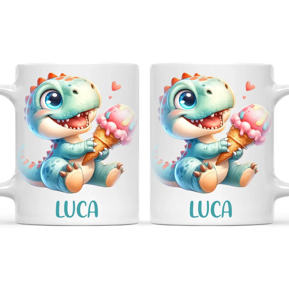 Personalised with Name, Dinosaur Ice Cream Kids Mug – Customised Cute Dino Cup for Children – Available in 11oz, 6oz & Enamel Options