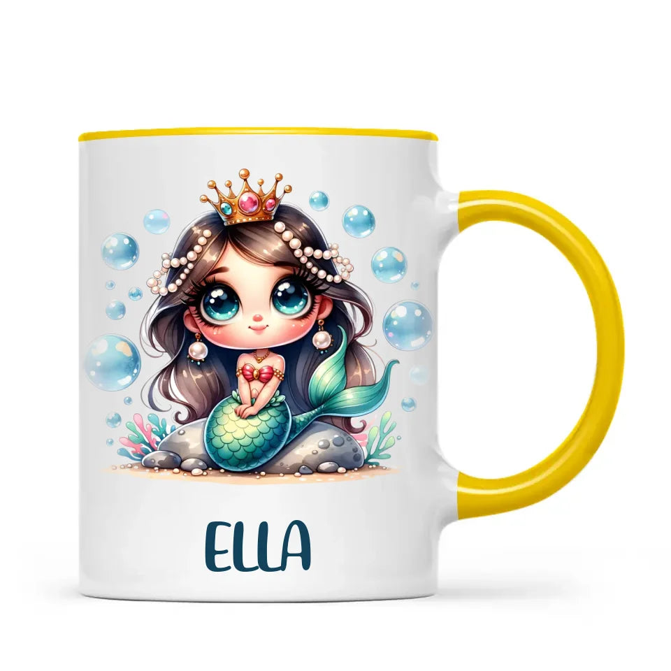 Personalised with Name, Dark-Haired Mermaid Princess Kids Mug – Custom Under-the-Sea Cup for Children – Available in 11oz, 6oz & Enamel